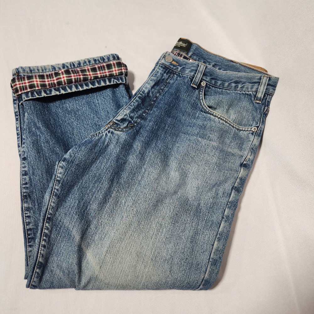 Eddie Bauer Mens Flannel Lined Relaxed Fit Jeans Blue Medium Wash 38x29 Plaid